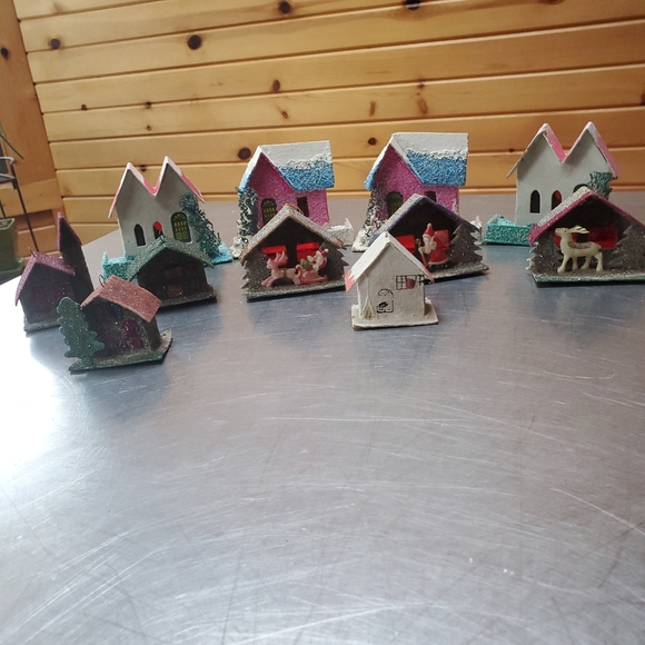 4 Vintage Putz Cardboard Houses & 7 Handmade Japan